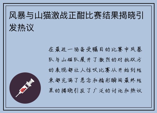 风暴与山猫激战正酣比赛结果揭晓引发热议